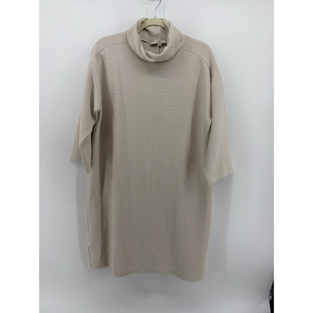 LOFT Womens Large Beige Shift Dress Funnel Neck Ribbed Knit Elbow Sleeve